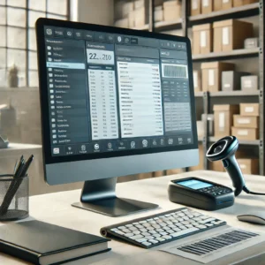 Barcode Billing Software on a computer with a barcode scanner in a retail workspace.