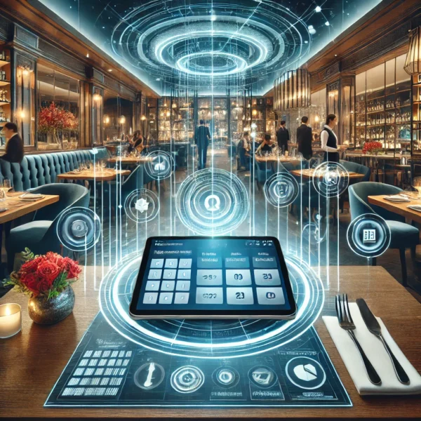 A modern restaurant with a luxurious dining setting featuring a high-tech touchscreen interface for restaurant billing software, surrounded by holographic elements representing efficiency, accuracy, and customer satisfaction.