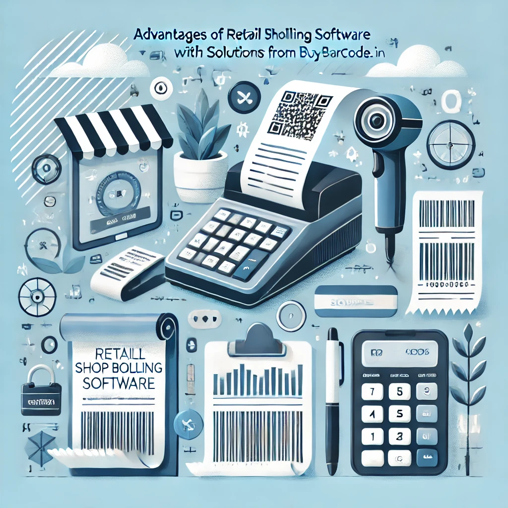 Illustration of retail shop billing software featuring a cash register, shopping bills, and a barcode scanner, representing the efficient and modern solutions provided by Buybarcode.co.in.
