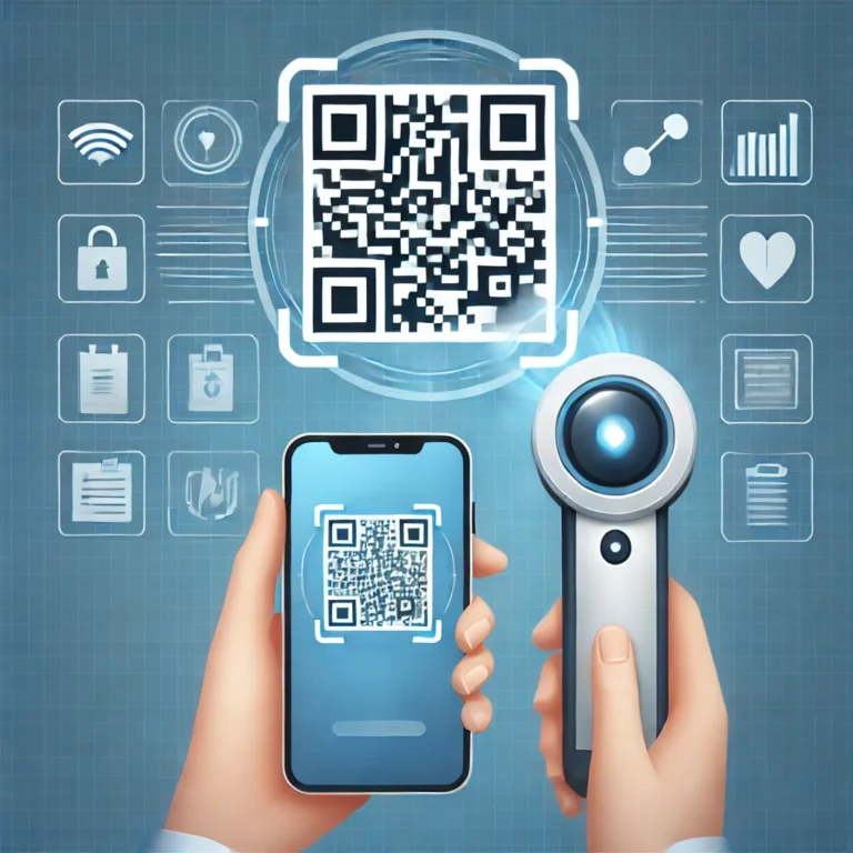 Digital illustration of a QR code being scanned by both a smartphone and a dedicated QR code scanner, with icons representing retail, healthcare, and restaurant industries.