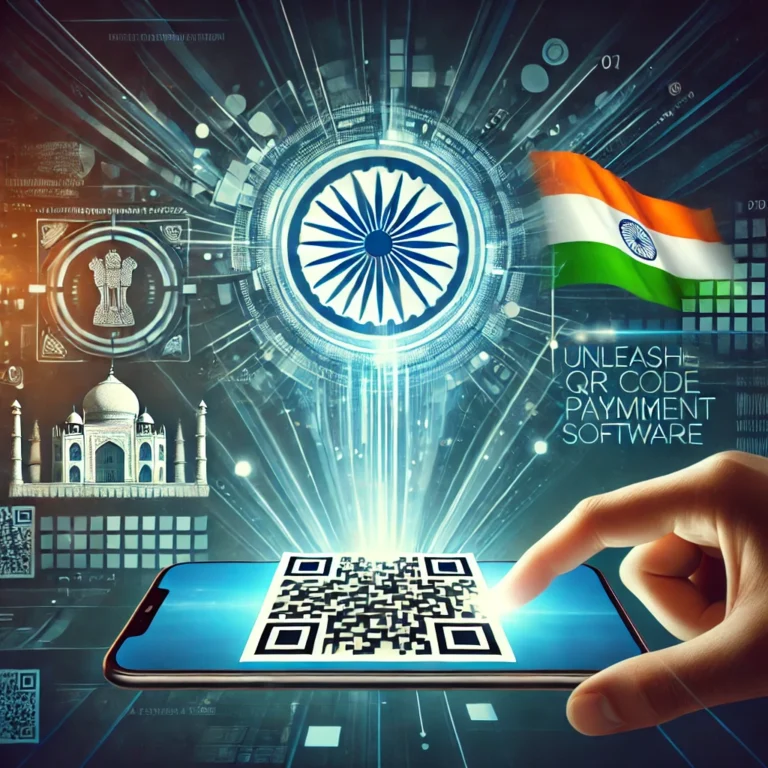 A smartphone scanning a large QR code, symbolizing digital payment, with a vibrant background highlighting India's digital transformation, including subtle technology elements and the Indian flag.