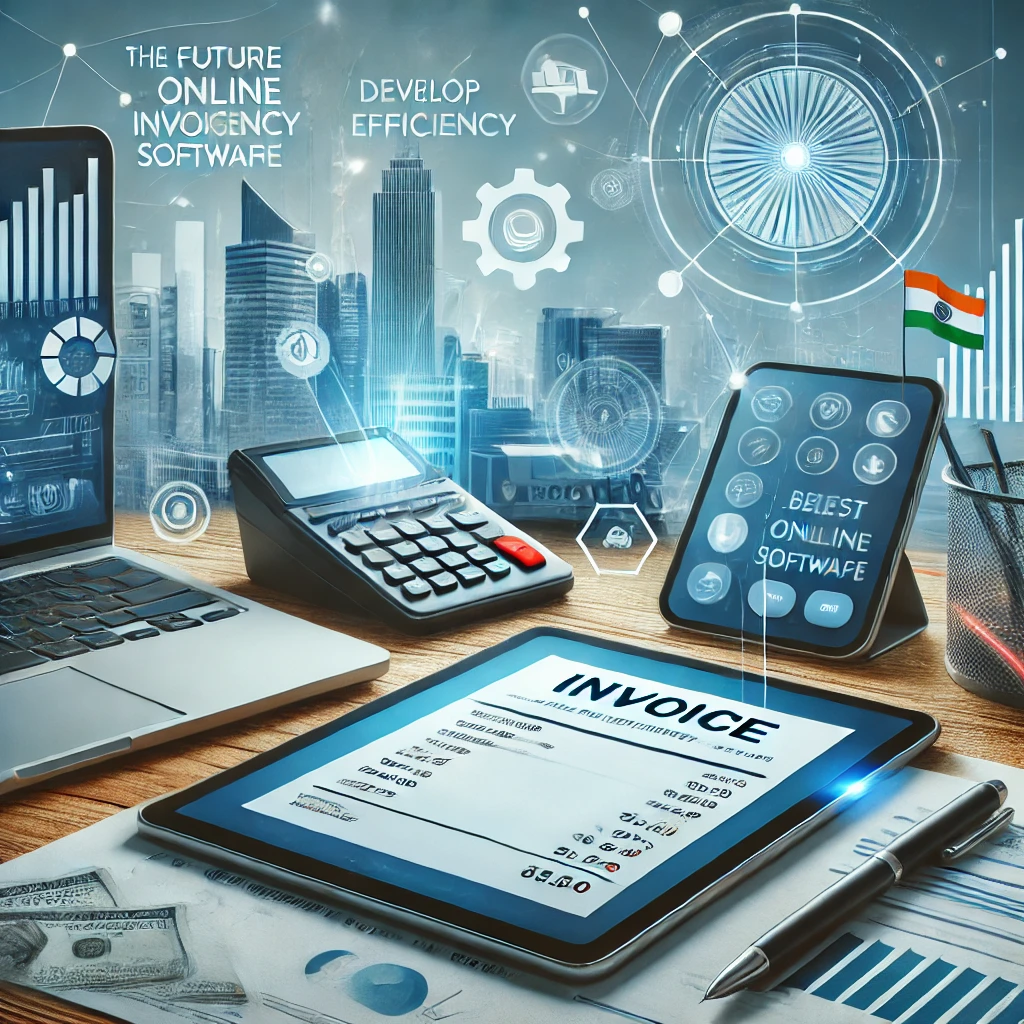 A laptop displaying an invoice on the screen, symbolizing digital invoicing, with a background featuring elements of efficiency, growth, and digital transformation, subtly incorporating the colors of the Indian flag. The overall theme represents modern business tools and the evolution of online invoicing in India.