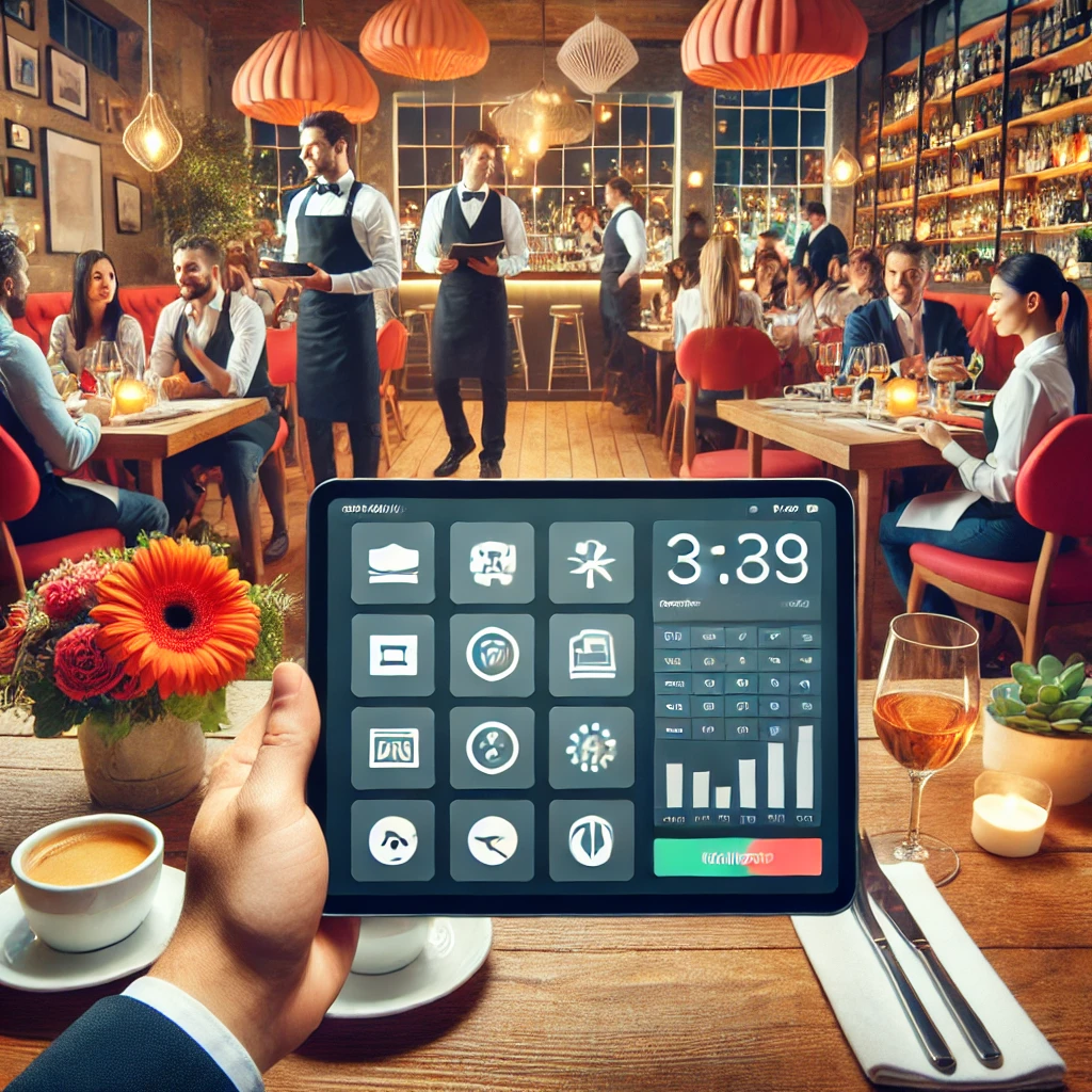 A lively restaurant with a digital tablet displaying restaurant billing software, showcasing features like table management, inventory tracking, and real-time analytics, surrounded by happy customers and busy waitstaff.