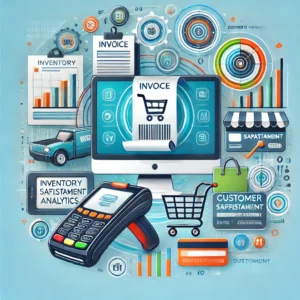 A modern illustration depicting retail billing software with elements like a computer screen showing an invoice, a barcode scanner, a shopping cart, and digital sales analytics, representing inventory management, customer satisfaction, and payment processing.