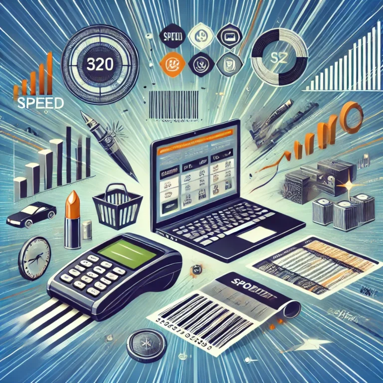 An illustration showing barcode billing software in retail, featuring a barcode scanner, sales dashboard, digital inventory management, and product barcodes, symbolizing speed, accuracy, and customer satisfaction.