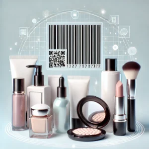 Cosmetic products such as makeup and skincare bottles displayed with a visible barcode, symbolizing the integration of barcode technology into the beauty industry for product management and customer transparency.