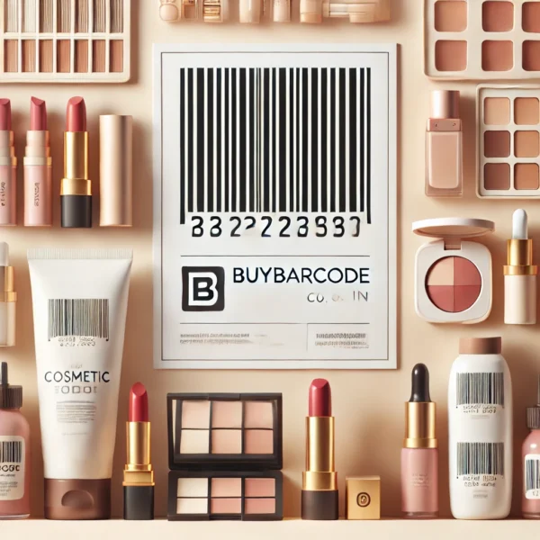 Barcode labels displayed on various cosmetic products, including lipsticks, skincare bottles, and makeup palettes, with a minimalistic background and 'Buybarcode.co.in' logo at the bottom corner.