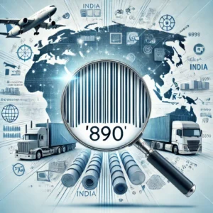 890 barcode country symbolizing India, with global trade elements like shipping containers, planes, and e-commerce icons.