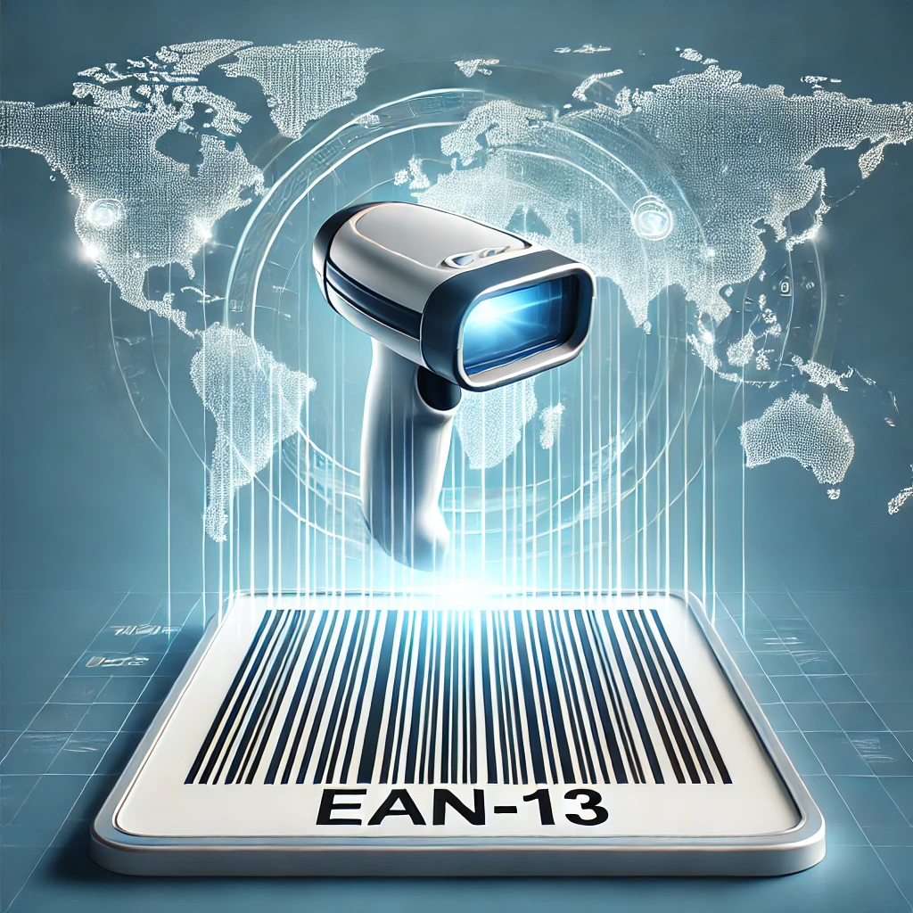 Digital barcode scanner scanning an EAN-13 barcode with a glowing effect, representing global trade and product identification, with a subtle world map in the background.