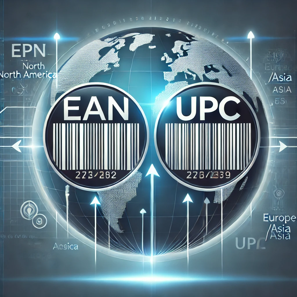 Two distinct barcode labels, one for EAN and one for UPC, with a globe in the background. Arrows point to North America for UPC and to Europe/Asia for EAN, symbolizing geographic usage differences in global trade.