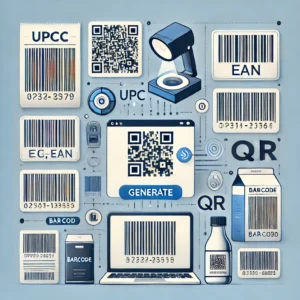 Visual representation showing how to generate a barcode for products, including examples of UPC, EAN, and QR codes on different product labels, with a barcode scanner and computer screen involved in the process.